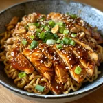 A close-up view of Chicken Teriyaki Noodles with sliced chicken and green onions.