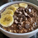 Close-up view of creamy chocolate banana oatmeal topped with fresh banana slices.