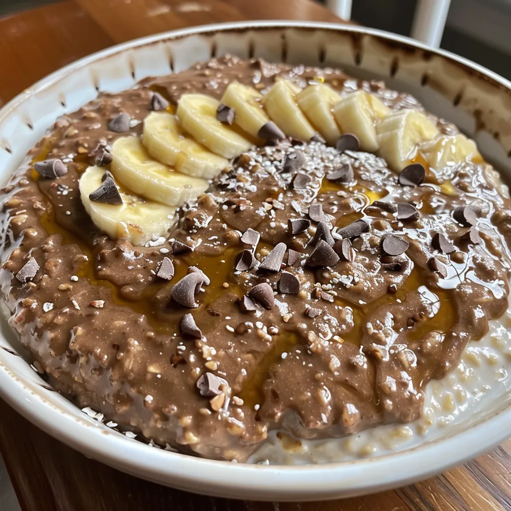 Side view of a bowl of chocolate banana oatmeal, showcasing its rich texture and ingredients.