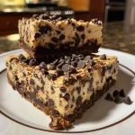 A close-up view of a chocolate chip cheesecake bar with a golden crust and chocolate chips on top.