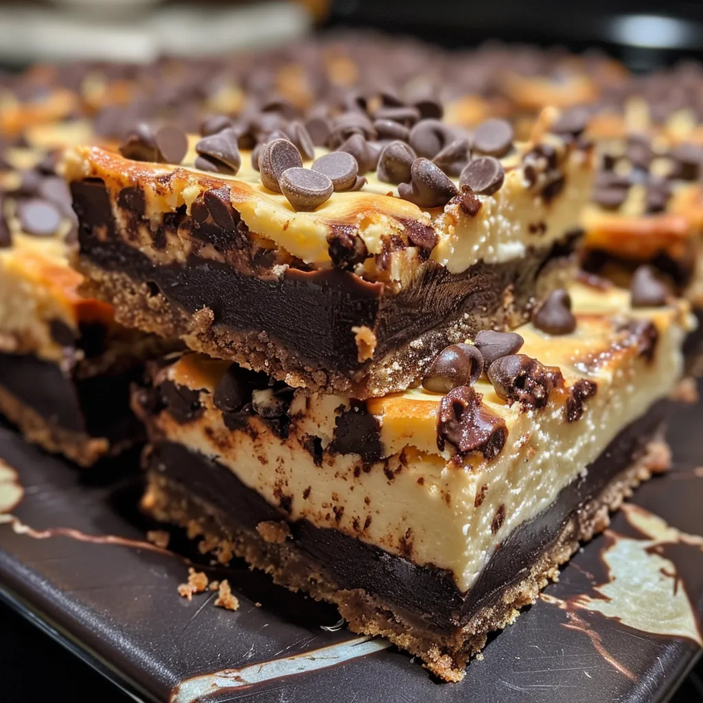 Side view of rich chocolate chip cheesecake bars showcasing layers of chocolate and creamy filling.