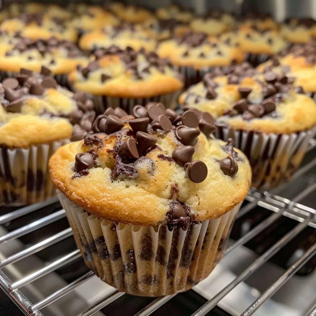 A delicious chocolate chip muffin, showcasing its fluffy texture and rich chocolate chips in a side profile.