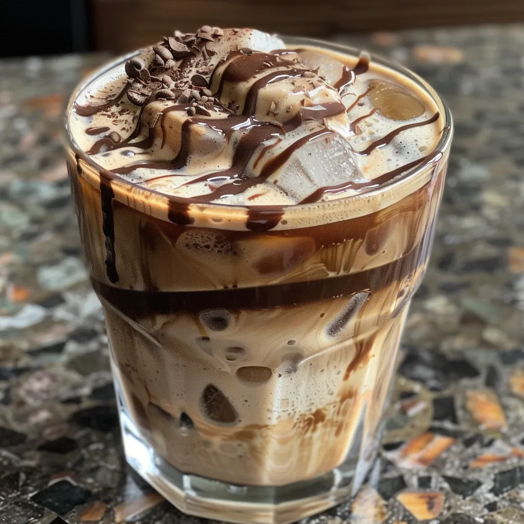 Side angle of a refreshing Chocolate Cream Cold Brew filled with ice and topped with whipped cream and chocolate sauce.