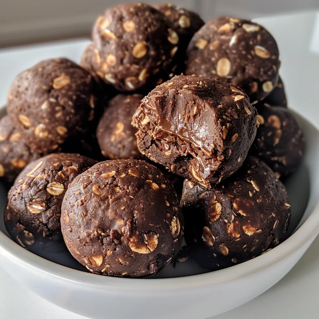 Side view of chocolate energy bites, highlighting their rich, dark chocolate appearance.