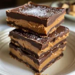 Close-up of Chocolate Peanut Butter Squares with a smooth, glossy chocolate topping.