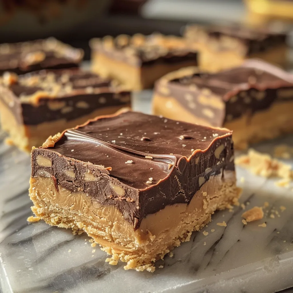 Side view of a stack of Chocolate Peanut Butter Squares showcasing layers of chocolate and peanut butter.