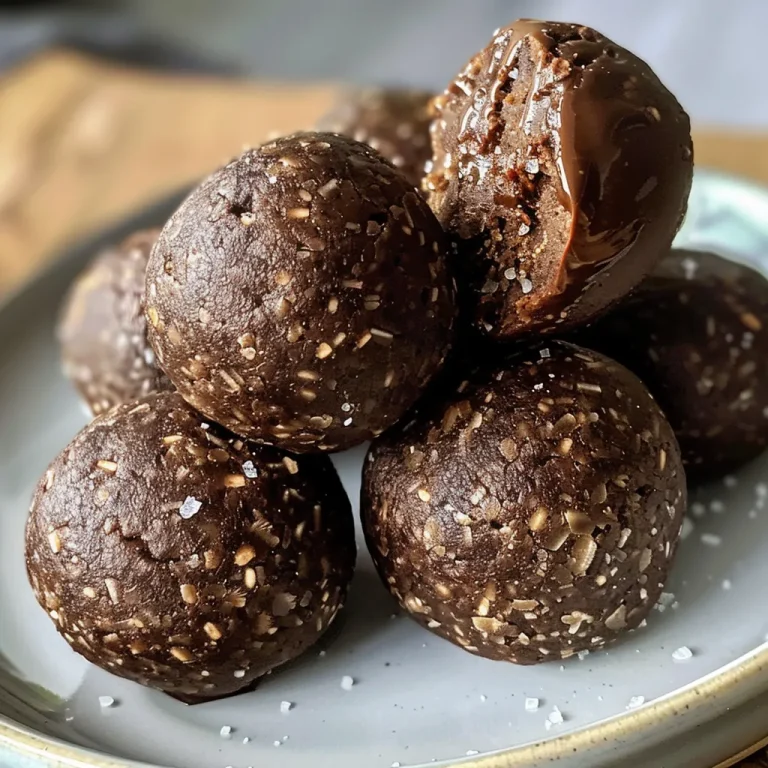 Close-up side view of chocolate protein balls with a glossy surface on a white plate.