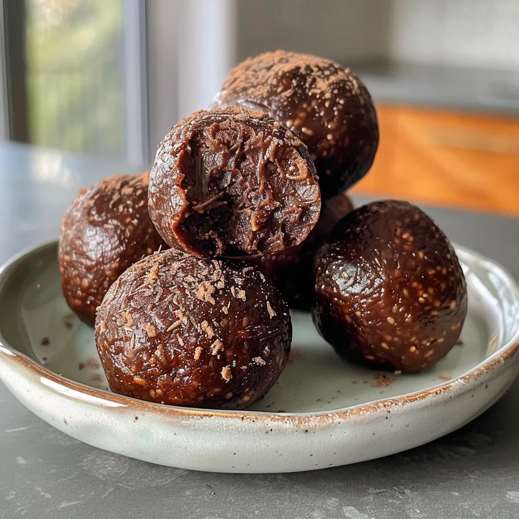 Juicy chocolate protein balls arranged neatly, showcasing their rich dark color and texture.