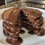 A close-up view of a stack of chocolate protein pancakes topped with syrup and chocolate chips.