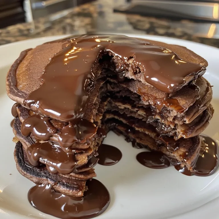 A close-up view of a stack of chocolate protein pancakes topped with syrup and chocolate chips.