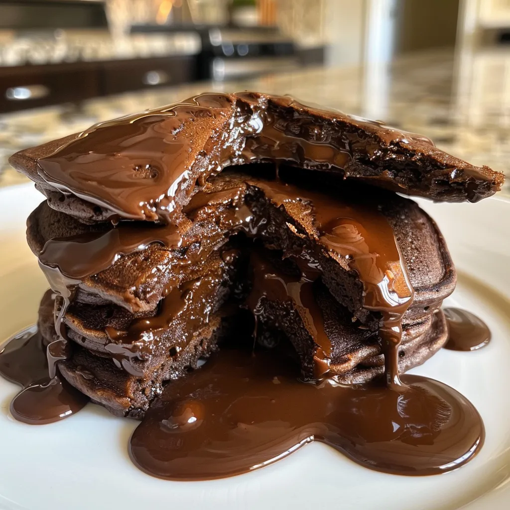 Juicy chocolate protein pancakes served with a dollop of Greek yogurt and a sprinkle of cocoa powder.