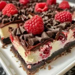 Close-up side view of chocolate raspberry cheesecake bars with fresh raspberries on top.