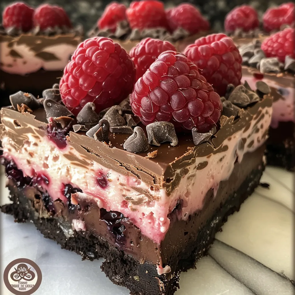 Rich and creamy chocolate raspberry cheesecake bars displayed on a plate, showing layers.