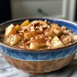 A close-up view of a bowl filled with cinnamon apple oatmeal topped with slices of apple and a drizzle of maple syrup.