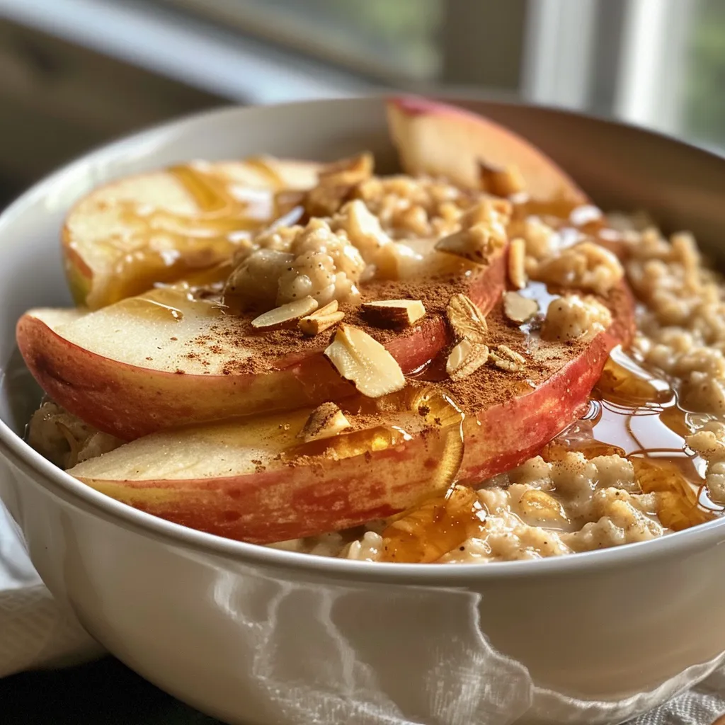 Side view of a hearty oatmeal bowl with apple slices, sprinkled cinnamon, and almond butter, presented in a stylish dish.