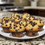 Close-up view of a chocolate chip muffin showcasing its moist texture and chocolate chips on top.