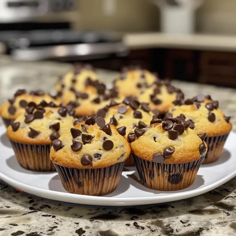 Close-up view of a chocolate chip muffin showcasing its moist texture and chocolate chips on top.