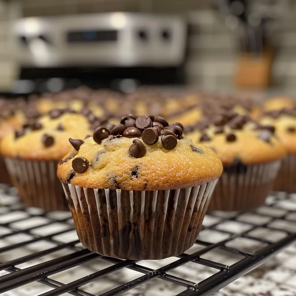 Side angle of golden-brown chocolate chip muffins, highlighting their fluffy interior and chocolate chunks.