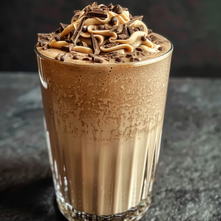 Sipping Bliss The Coffee Milkshake That Invites Joy to Every Gathering A close-up side view of a creamy coffee milkshake topped with whipped cream and chocolate shavings.