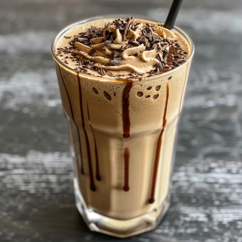 A delicious coffee milkshake served in a glass, showcasing layers of whipped cream and fudge drizzle.