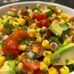 Close-up view of vibrant corn and avocado salsa in a bowl.