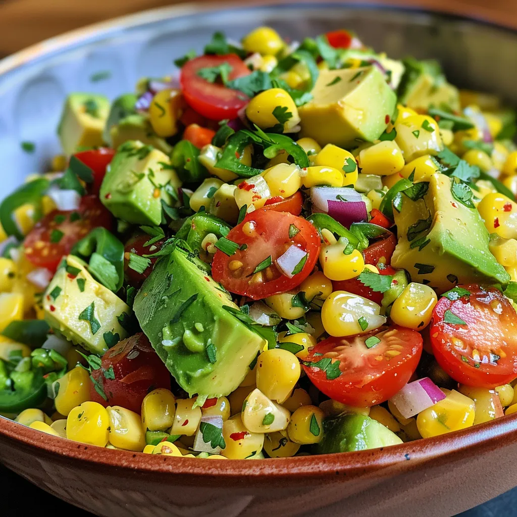 Fresh corn and avocado salsa with cherry tomatoes and red onion.