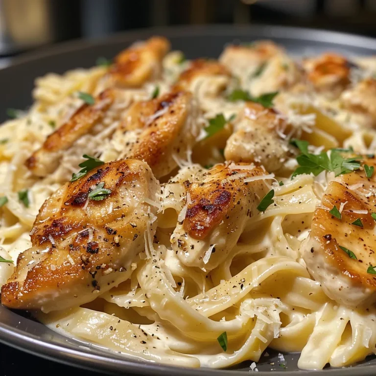 Close-up view of creamy chicken alfredo pasta garnished with parsley.
