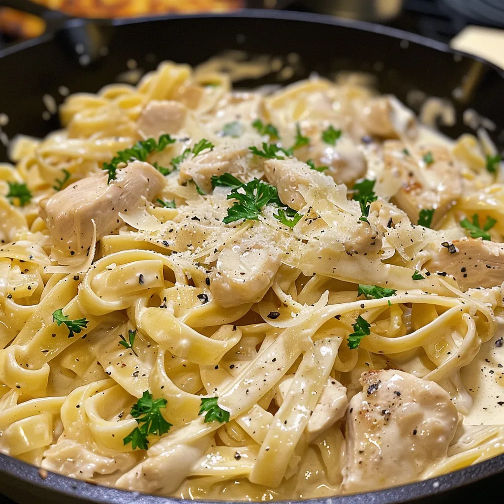 Side view of a bowl of chicken alfredo pasta with rich sauce and melted cheese.