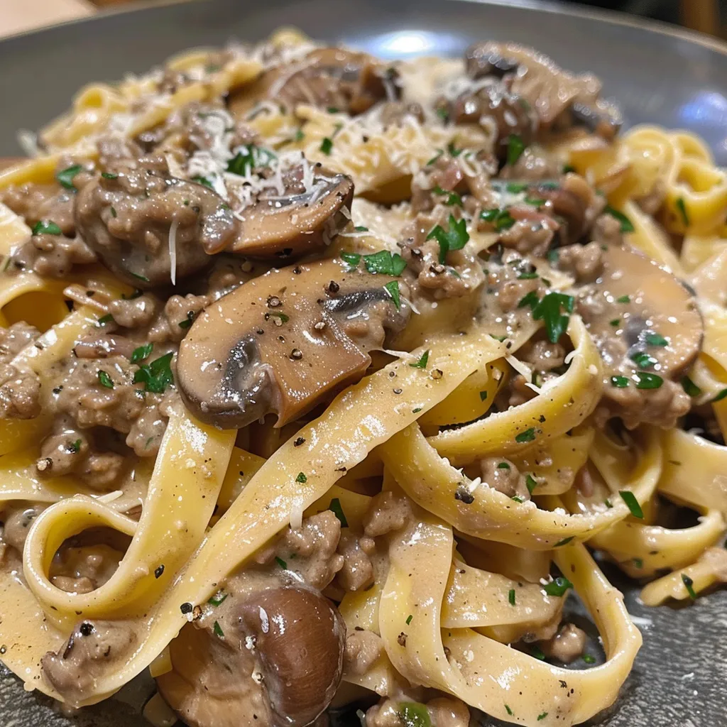 Juicy creamy pasta dish featuring ground beef and sliced mushrooms.