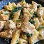 Creamy chicken and spinach pasta garnished with herbs in a bowl.