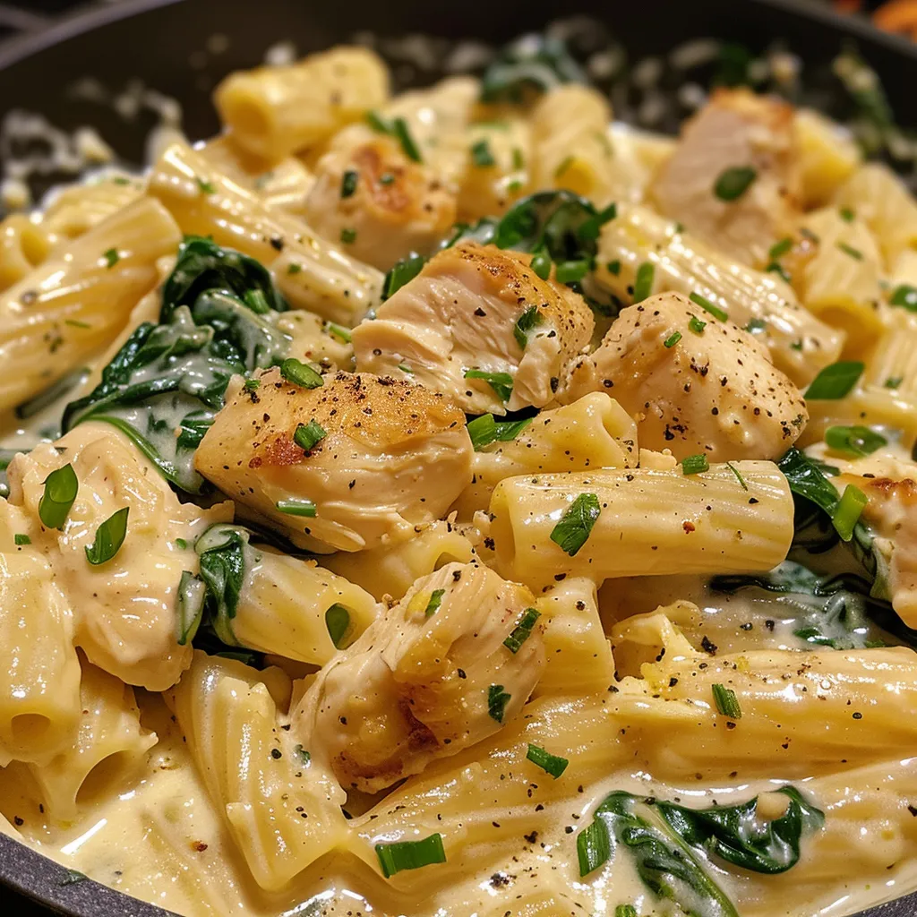 Close-up view of a delicious creamy pasta dish featuring chicken and spinach.