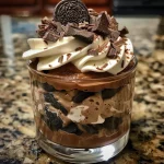 Close-up view of a creamy chocolate parfait layered with crushed Oreos and dark chocolate.