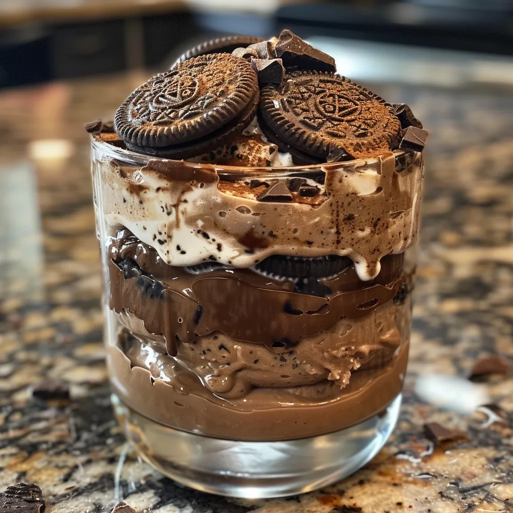 Side perspective of a no-bake chocolate parfait with rich layers and a glossy chocolate finish.