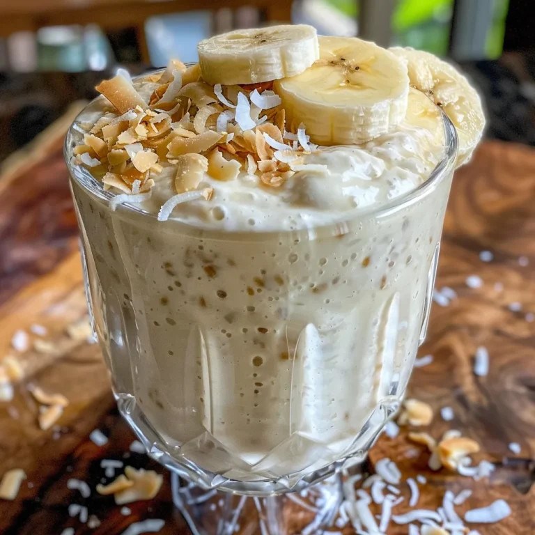 Close-up of a creamy coconut smoothie with a sprinkle of shredded coconut on top.