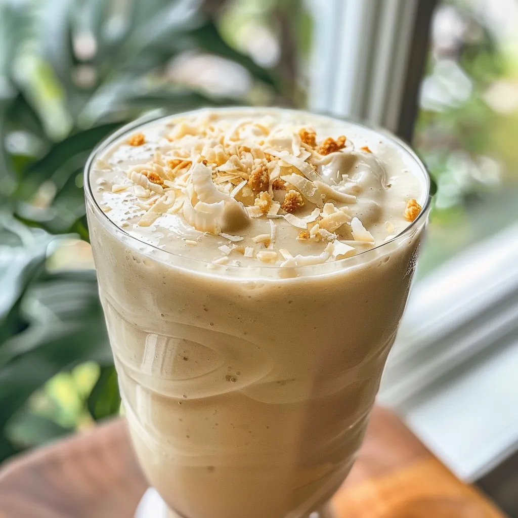 Side view of a delicious coconut smoothie in a clear glass, with banana slices beside it.