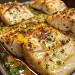 Close-up of tender garlic butter cod fillets glistening with creamy sauce.