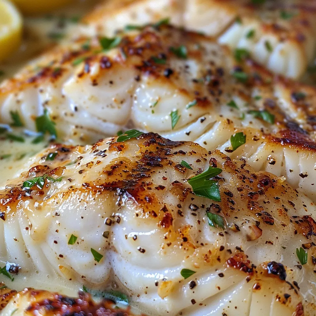 Juicy cod fillets served in a rich garlic butter sauce garnished with parsley.