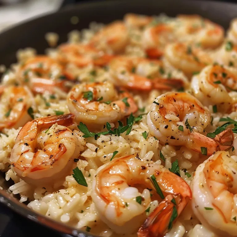 Embracing Comfort: The Creamy Garlic Butter Shrimp Rice That Warms the Soul Close-up view of creamy garlic butter shrimp served over fluffy rice.