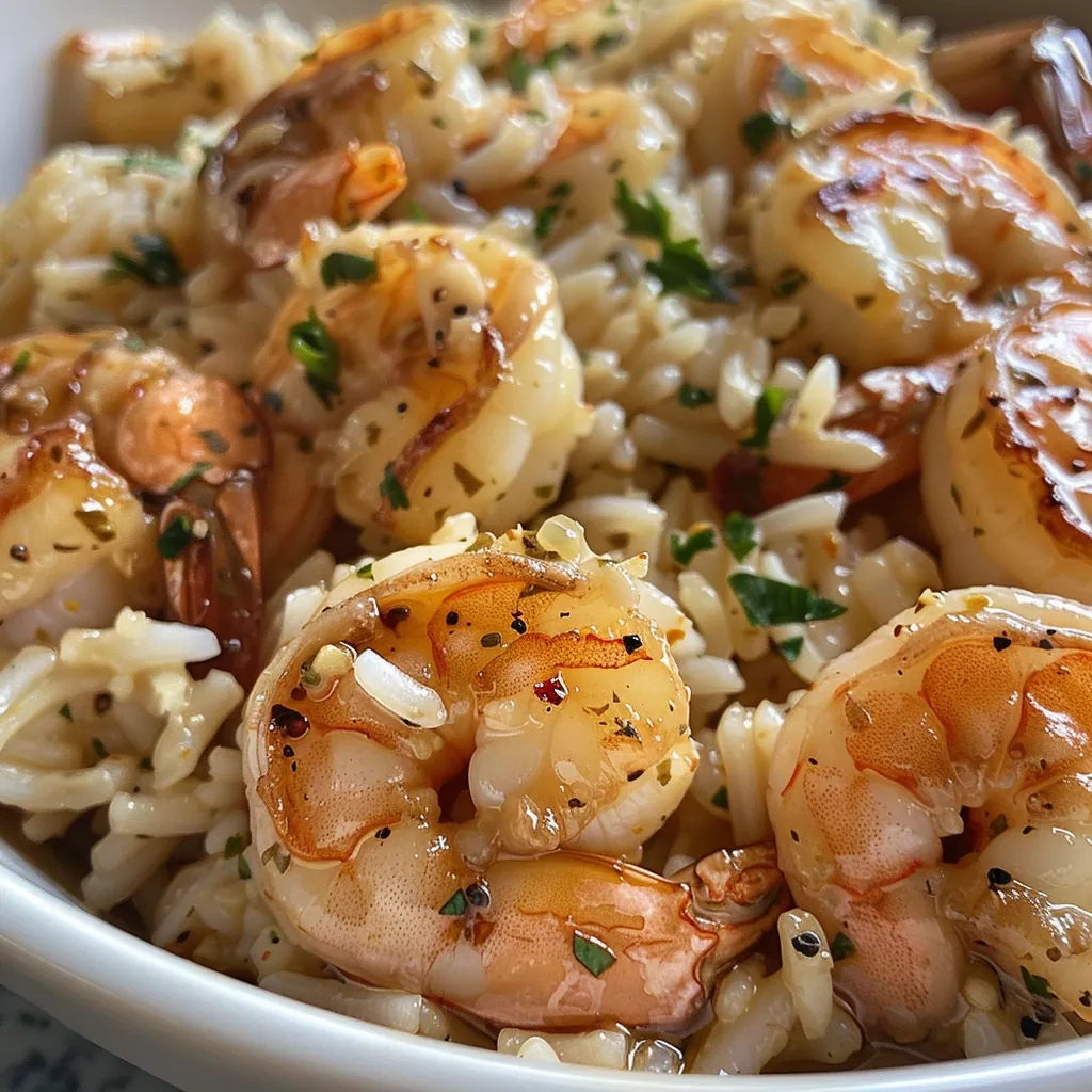 Juicy sautéed shrimp glistening in a creamy garlic sauce atop rice.