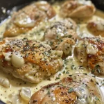 A succulent creamy garlic chicken breast garnished with golden-brown garlic cloves.