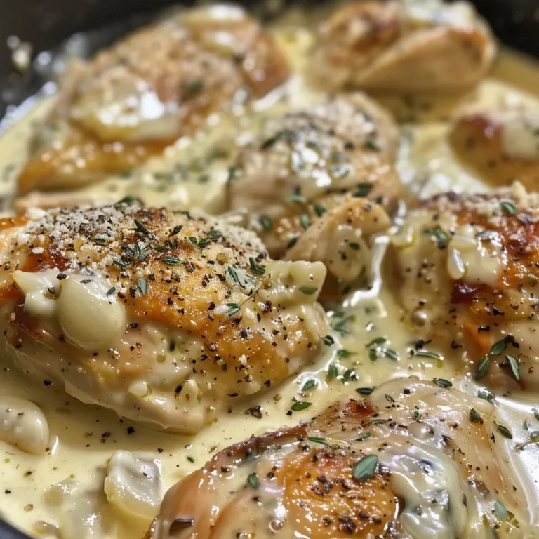 Savoring Every Bite The Creamy Garlic Chicken That Whispers Mediterranean Secrets A succulent creamy garlic chicken breast garnished with golden-brown garlic cloves.