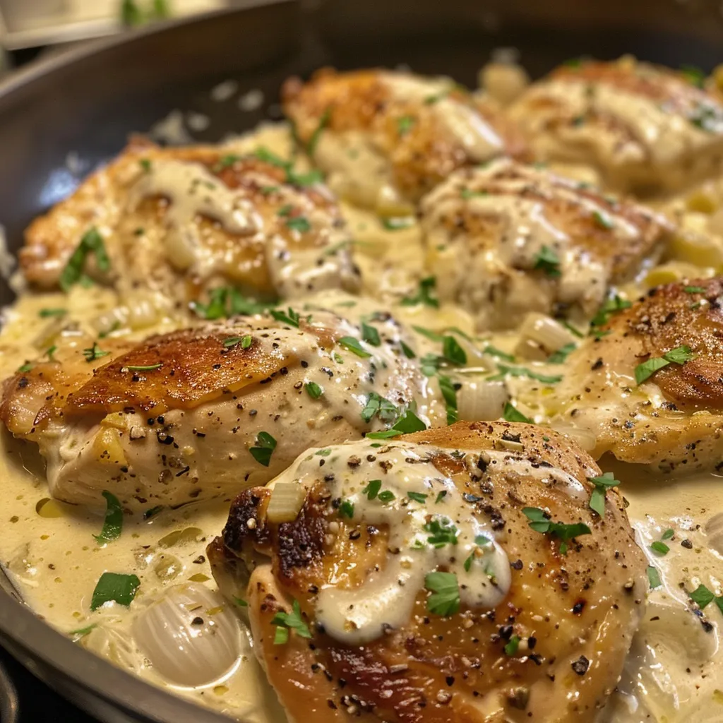 Close-up view of juicy creamy garlic chicken, showing rich sauce and herbs.