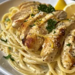 Close-up view of creamy lemon chicken pasta with sliced chicken and spaghetti.
