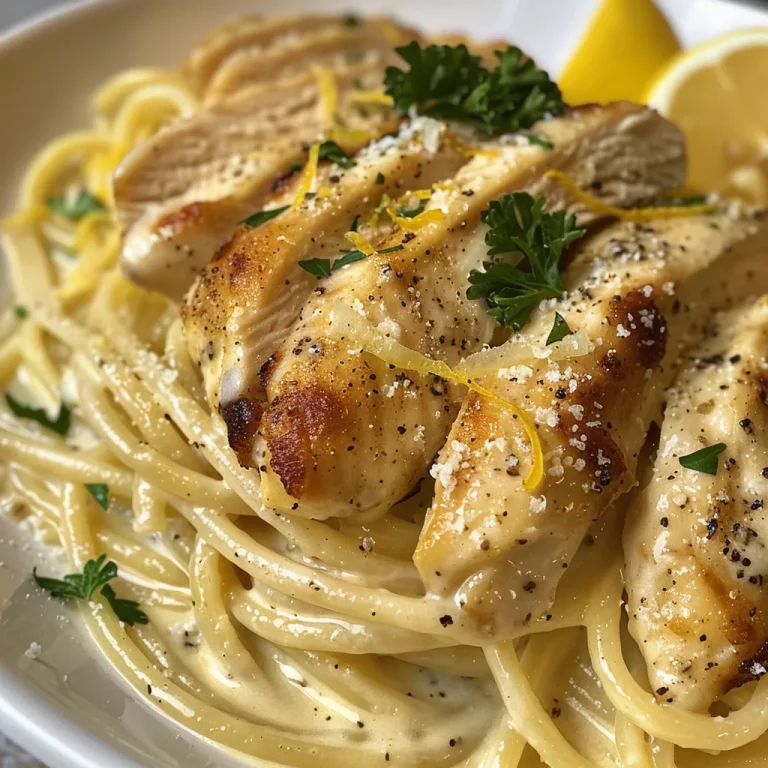 A Zesty Embrace: How Creamy Lemon Chicken Pasta Turned My Dinner into a Mediterranean Celebration Close-up view of creamy lemon chicken pasta with sliced chicken and spaghetti.