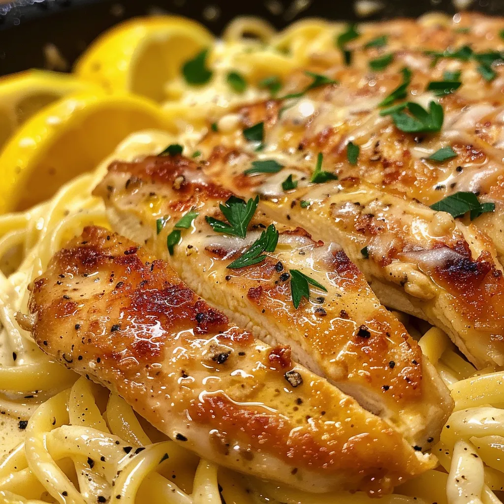 Juicy chicken cutlets served over spaghetti in a creamy lemon sauce garnished with parsley.