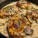 Close-up view of creamy mushroom chicken garnished with chives.