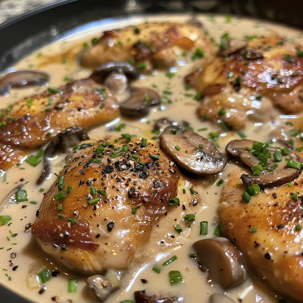 Juicy chicken thighs in a creamy mushroom sauce with garlic, shown from the side.