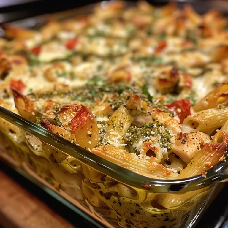 Close-up view of creamy pesto chicken pasta bake in a dish.