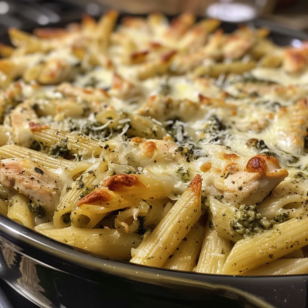 Juicy pasta bake featuring chicken and pesto, garnished and ready to serve.