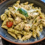 A close-up view of creamy pesto chicken pasta with vibrant colors and textures.